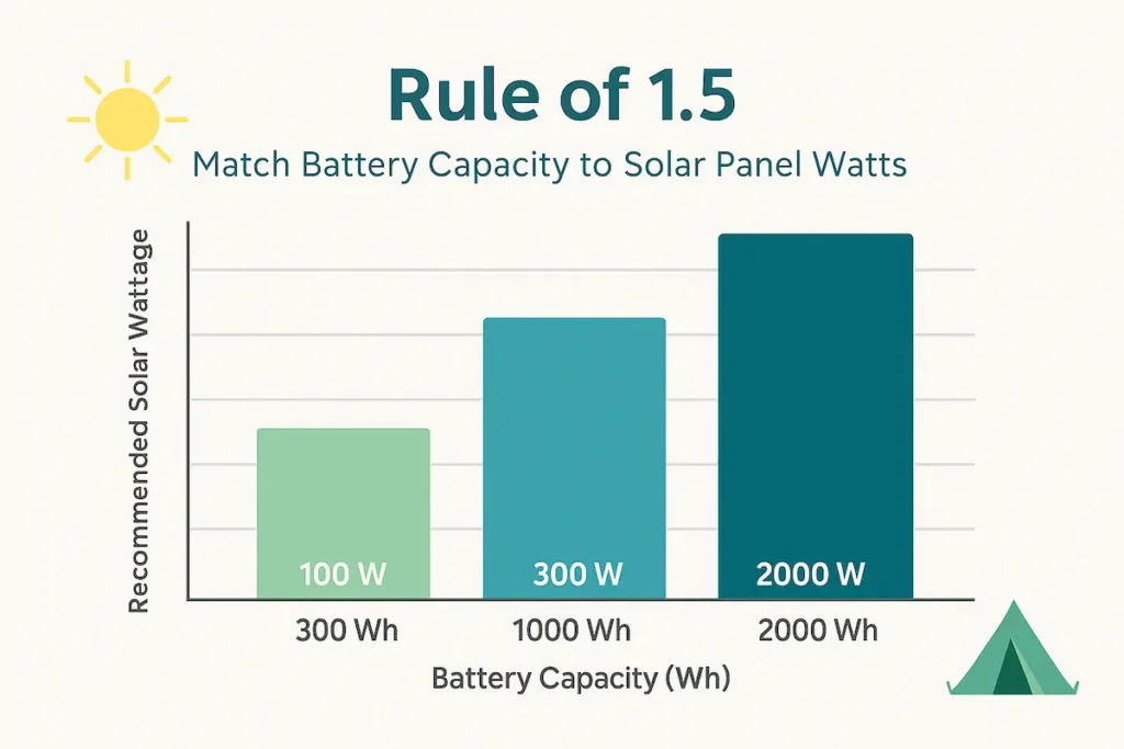 Bar chart infographic showing Rule of 1.5 for matching battery capacity (300 Wh, 1000 Wh, 2000 Wh) to solar panel wattage (100 W, 300 W, 800 W)