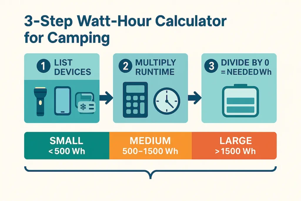 Flat infographic 3-Step Watt-Hour Calculator for Camping