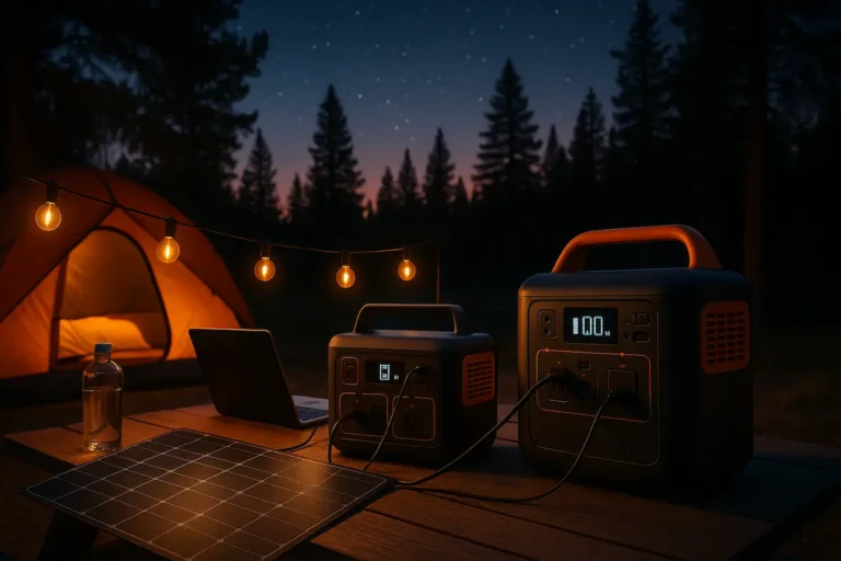 Portable power stations powering string lights at a twilight campsite, illustrating right-size power for camping