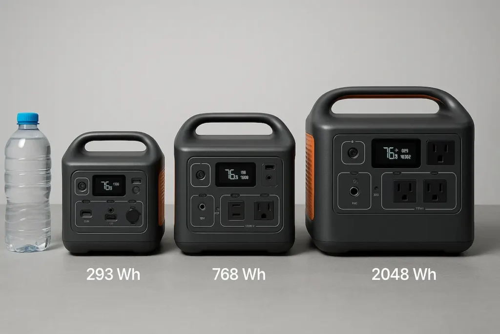 Three portable power stations—293 Wh, 768 Wh and 2048 Wh—next to a 1-liter water bottle for scale