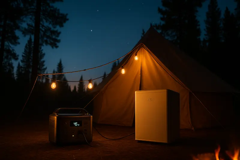 The portable power station lighting warm string bulbs and keeping the 45-W mini-fridge humming beside a canvas tent