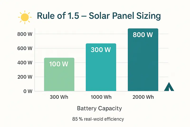 Bar chart infographic showing recommended solar watts for 300 Wh, 1000 Wh and 2000 Wh batteries