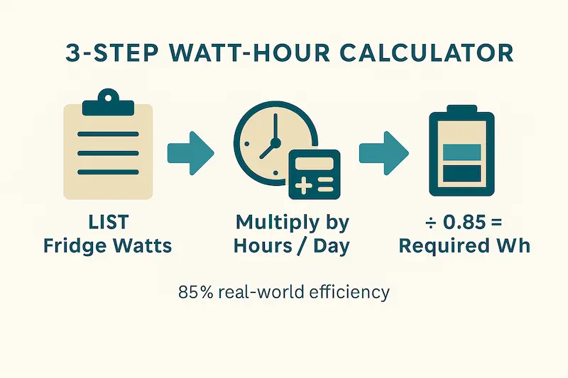 3-step watt-hour calculator flowchart for mini-fridge runtime
